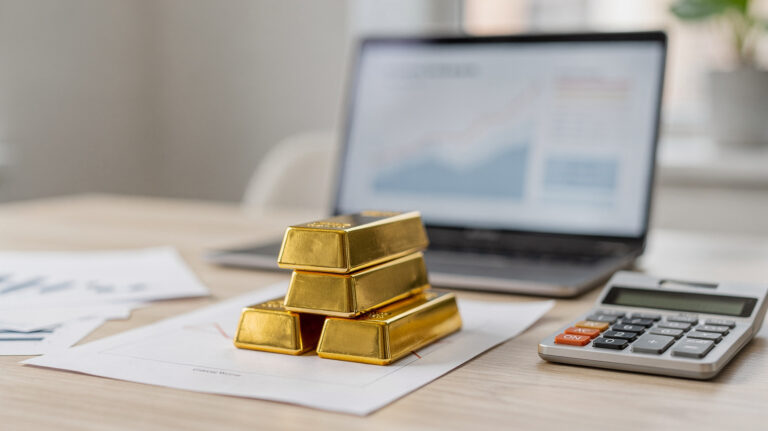 Edelmetalle in der Unternehmerfinanzplanung Gold- und Silberbarren neben Finanzunterlagen und Taschenrechner auf einem Schreibtisch